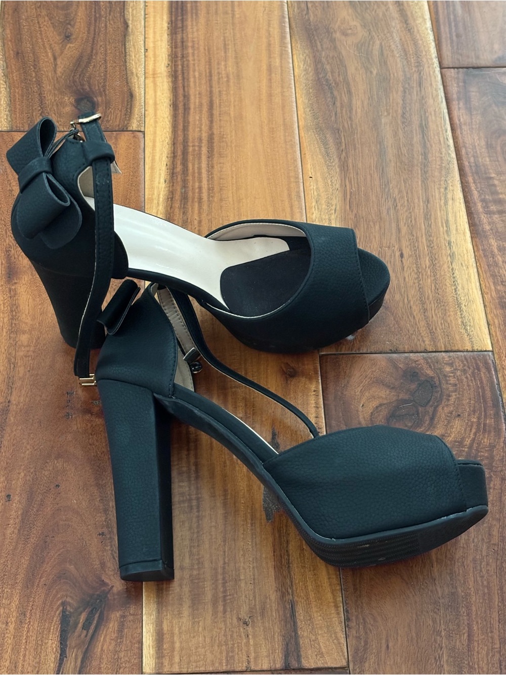 Black Faux Leather Heels with Bows and Jewels